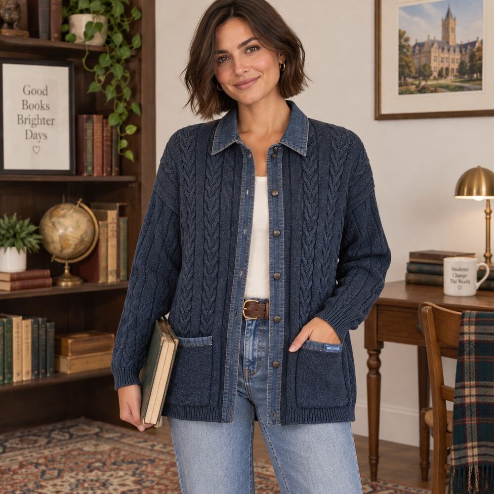 Blue Willis vintage blue denim heavy cable knit Shacket Medium cardigan academia